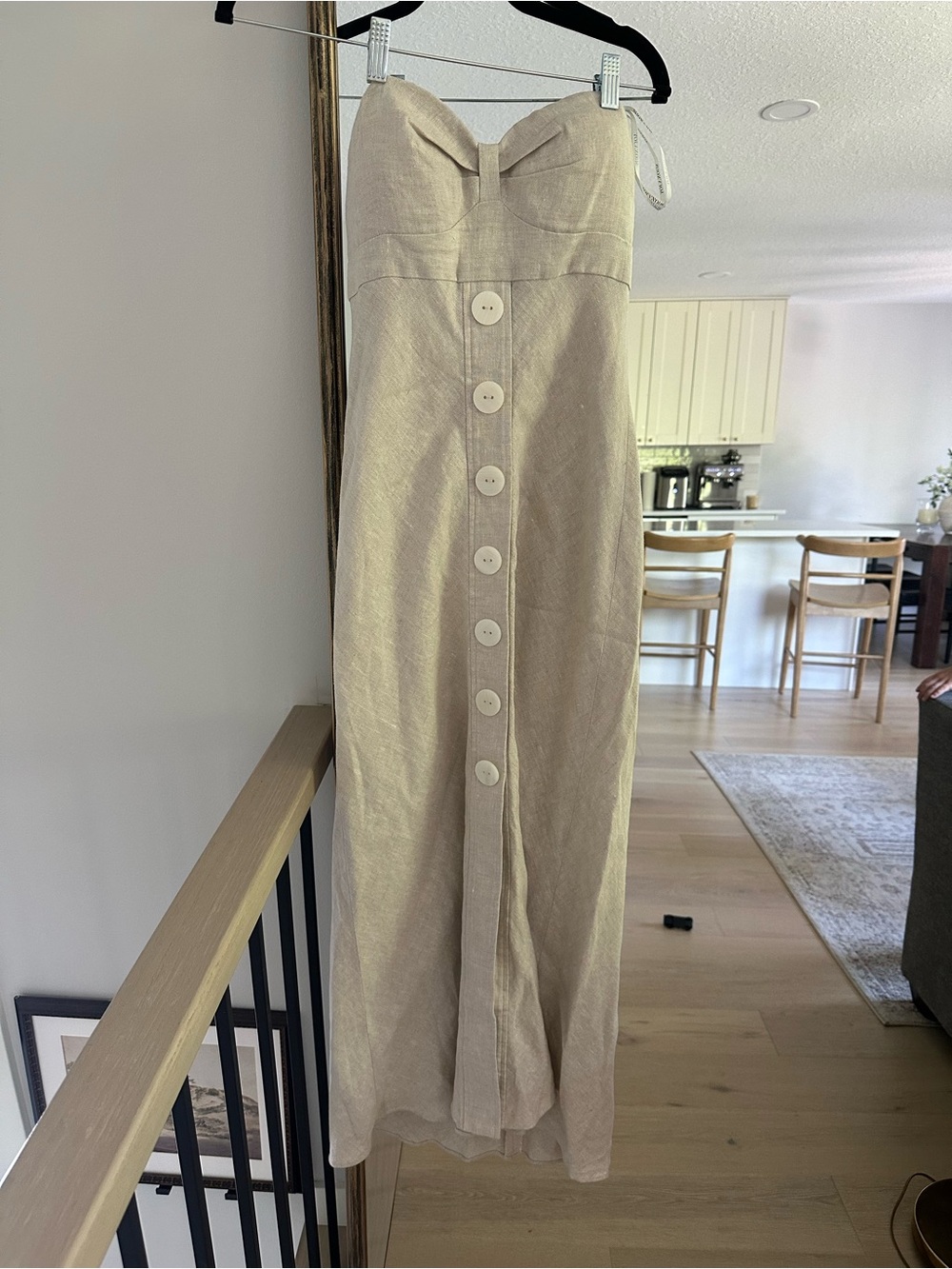 Shona Joy Strapless linen Beige Button-Front Maxi Dress